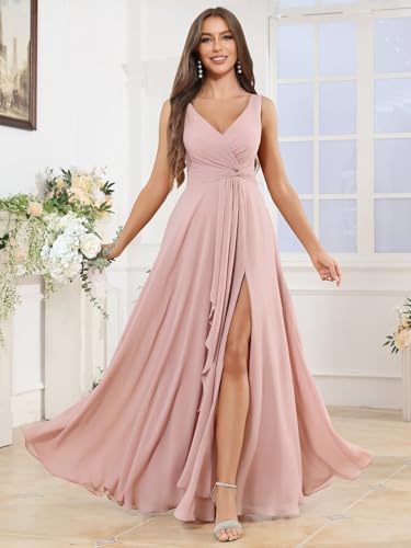 Long Chiffon Bridesmaid Dresses with Pockets V-Neck Aline Ruffles Pleated Formal Evening Gowns with Slit4