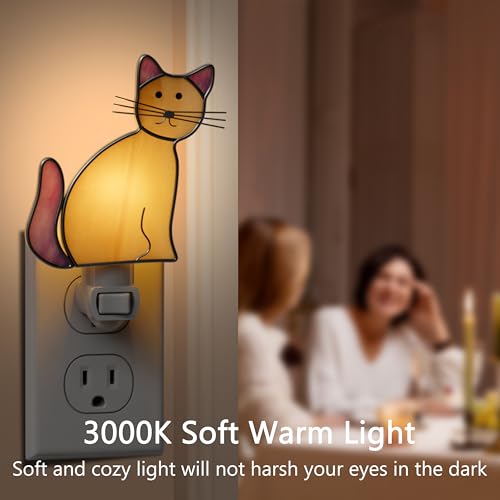 Image of KY&BOSAM Stained Glass Cat Night Lights Plug into Wall 1-Pack 7W Plug in Night Light Dusk to Dawn 3000K Warm White Bright Nightlight Switch-On /Off for Adults Kids Room Bathroom Hallway Kitchen Non-Dim