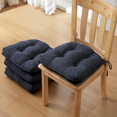 IPYNBAP Chair Cushions for Dining Chairs Set of 4, Kitchen Chair Cushions, Chair Pads with Ties and Non Slip Backing, Tufted Memory Foam Seat Cushion 4 Pack, 15.5" x 15.5" x 4", Navy Blue