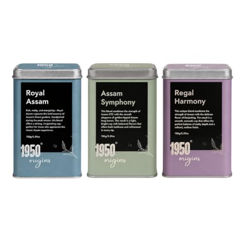 Image of 1950 Origins Premium Assam & Darjeeling Black Tea Combo Pack of 3 Tin Caddies (3 x 150g) | Symphony, Royal Assam & Regal Harmony | 100% Natural Long Leaf Loose Tea | Rich, Strong & Fresh Flavor