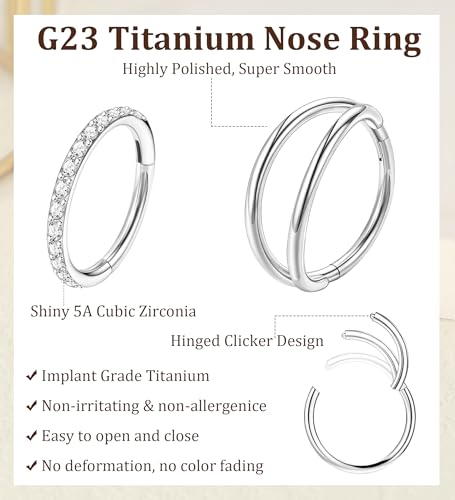 MJust 3pcs Nose Rings Hoops - G23 Pure Titanium Hinged Nose Hoops 16G/18G/20G CZ Clicker Septum Nose Ring Lip Helix Cartilage Hoop Earring Daith Rook Conch Body Piercing Jewelry for Women Men 6MM 8MM 10MM3
