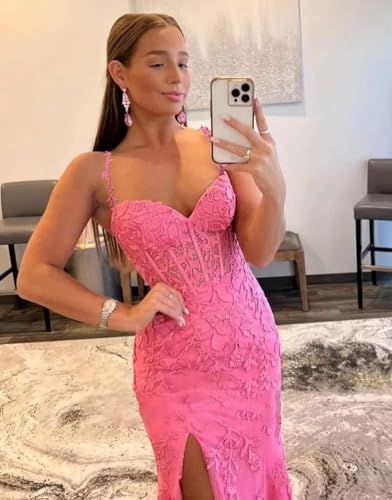 Lace Prom Dresses for Women Spaghetti Straps Tulle Applique Sweetheart Neck Mermaid Formal Evening Party Gowns with Slit3