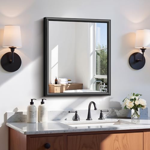 NIMURY 20x24 Inch Brushed Black Bathroom Mirror Raised Metal Framed Bathroom Vanity Mirror for Over Sink Anti-Rust Shatterproof Rectangle Wall Mirror Hangs Horizontally or Vertically