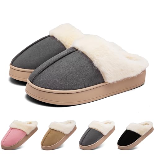 Women's Fuzzy House Slippers Memory Foam Slippers for Women Indoor and Outdoor Durable Anti-Skid Rubber Sole ladies Winter Comfy Faux Fur Bedroom Shoes