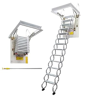 INTSUPERMAI Attic Ceiling Ladder Ti-Mg Alloy Retractable Folding Extension Loft Stairs Scissor Structure Attic Stairs Pull Down Ceiling Max 10.5ft Height (31.5×39.37in White)