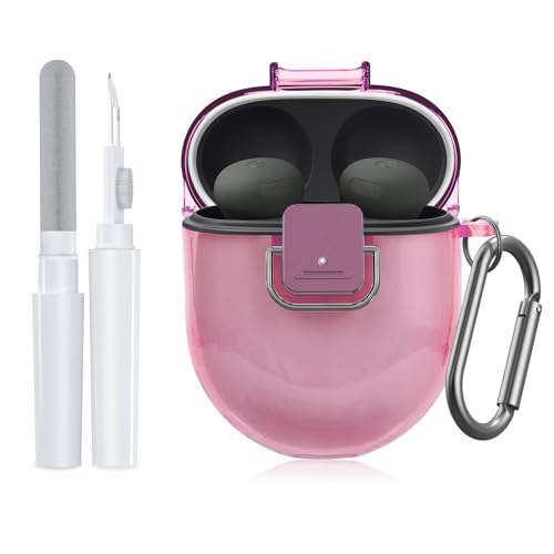 for Google Pixel Buds Pro 2 Case Cover with Lock Clip Clear TPU Case for Google Pixel Buds Pro1/2 Shockproof Protective Case Skin wtih Keychain & Cleaner Kit for Girly/Women/Man (Clear Pink)