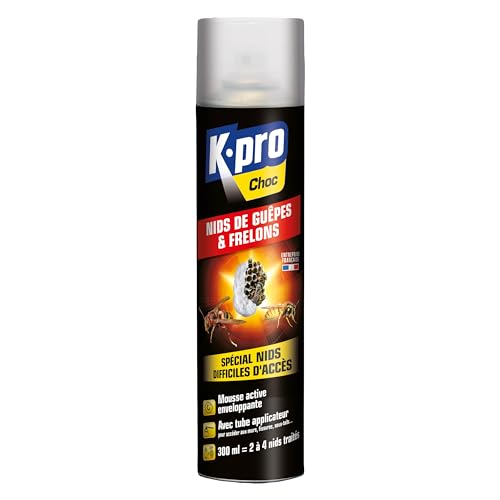 K.PRO Choc - Spray Aérosol Spécial Nids de Guêpes et Frelons Difficiles d'Accès - Détruit les Nids - Formule Mousse Active - Technique Professionnelle - 300ml - 2 à 4 Nids