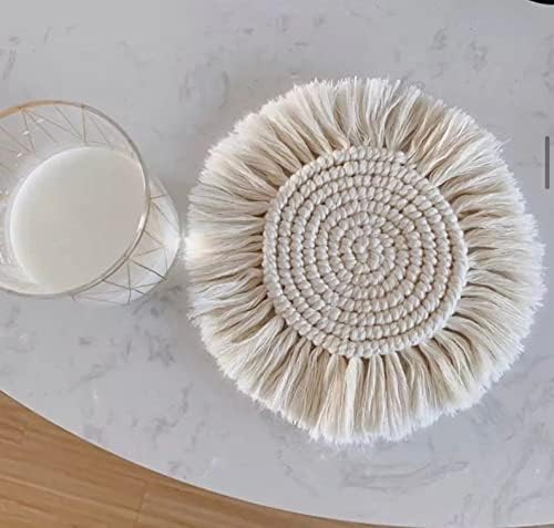 MTRXX Handmade Macrame Coasters Set of 4 – Boho Cotton Drink Coasters with Fringed Edges, 4-Inch Round Cup Mats for Tea, Coffee & Home Decor, Beige Bohemian Table Accessories