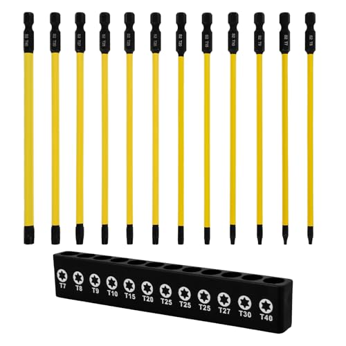 12 Pcs Long Torx Screwdriver Bit Set Magnetic 1/4 Inch Hex Shank S2 Alloy Steel Screwdriver Bit Set Security Torx Bits T7-T40 150mm Length (12Pcs)