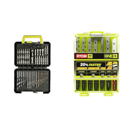Ryobi - Coffret 60 accessoires de perçage et de vissage - RAK60DDF & Coffret 10 Lames de Coupe ONE+ pour Scie Sauteuse Sans Fil - Spécial Bois, Métal