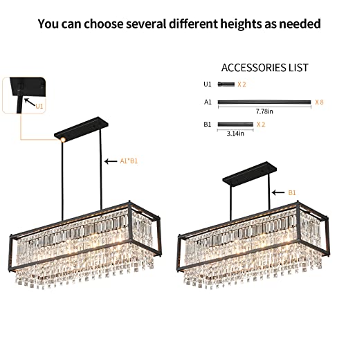 Image of LMQNINE Modern Rectangle Chandelier for Dining Room, Black Crystal Chandelier Linear Light Fixture, Farmhouse Chandeliers for Kitchen Island, Bar Table, L35.43'' x W11.81'' x H9.84''