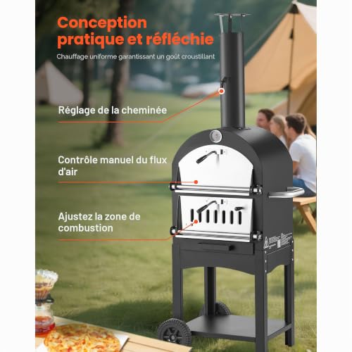 VEVOR Four à Pizza d’Extérieur 12 pouces 305 mm, Four à Granulés de Bois 2 Niveaux, avec Deux Roues Amovibles, Température Maximale de 538 °C, pour Réunion Camping Jardin Arrière-Cour Barbecue – vue 4