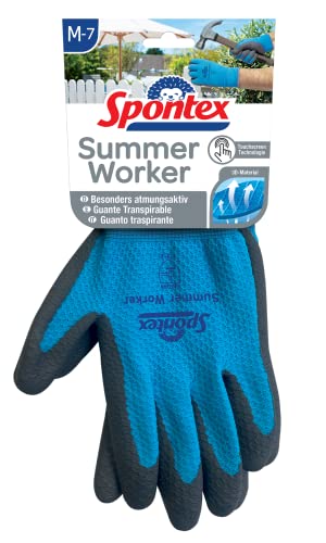 Spontex Summer Worker Handschuhe, Arbeitshandschuhe mit PU-Beschichtung, EN 388, Touchscreen kompatibel, leicht und atmungsaktiv, Größe M/7, 1 Paar, Blau, 3384125330172
