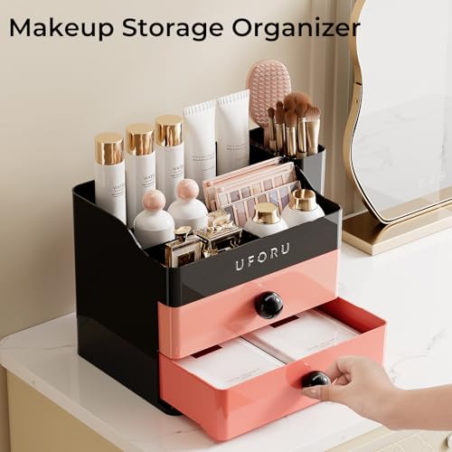 Image of UFORU Makeup Organizer for Vanity with Brush Holder, Countertop Skincare Organizer with 2 Drawers, Spacious Cosmetic Display Case for Perfumes, Eyeshadow Palettes, Nail Polishes