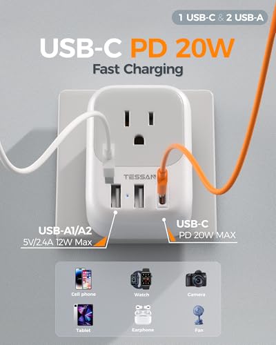 Image of TESSAN South Africa Type M Power Adapter | 4 American Outlets, 3 USB Charger (1 USB C Port), For US to Bhutan Botswana Namibia Nepal
