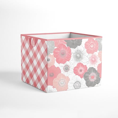 Bacati - Large Storage Tote Watercolor Flowers Coral/Gray 14 x 14 x10 inches