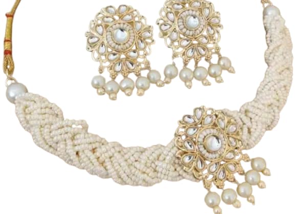 Juego de collar de perlas tradicional indio con filigrana floral dorada de alta joyería