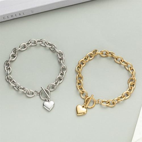 14K Gold Silver Tone Women’s Heart Charm Bracelets Toggle Clasp Stainless Steel Link Bracelet Minimalist Jewelry 7.5”4