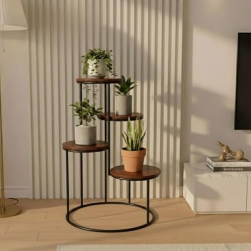 Image of Modern 4-Tier Plant Stand Indoor Metal & Wood | 60 cm Tall Multi-Level Flower Pot Stand | Heavy Duty Corner Plant Rack for Living Room, Balcony, Garden | Decorative Plant Holder for Indoor Use (Brown Black)