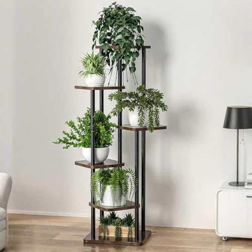 STEUGO Small Plant Stand Indoor, 6 Tier Metal Plant Shelf for Multiple Plants, Corner Flower Stand for Patio Garden Balcony Living Room Bedroom(Brown)