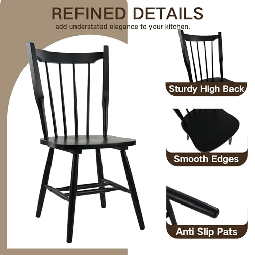Black Wooden Dining Chairs Set of 2, Windsor Dining Chairs with Spindle High Back & Solid Wood Legs, Farmhouse Vintage Kitchen Chair for Dining Room/Restaurant, Armless