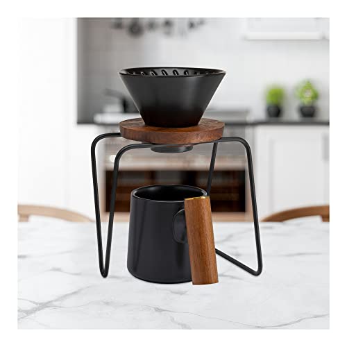 ChefWave Artisan Series Pour-Over Coffee Maker Set with Ceramic Cone, Wood Ring and Stainless Steel Stand, 1-2 Cup Personal Size - Bamboo Accents, Easy to Clean, BPA Free