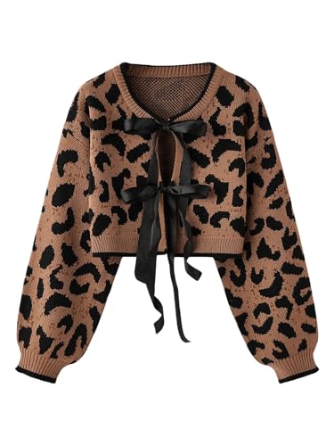 BEAUDRM Women's Y2k Cheetah Cardigan Sweater Bow Tie Front