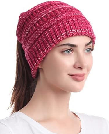 soul young Ponytail Messy Bun Beanie Tail Knit Hole Soft Stretch Cable Winter Hat for Women