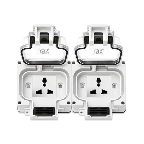 Image of MX IP66 Waterproof Outdoor Socket Box with Dual 13A Universal Sockets, 250V Weatherproof Dustproof Electrical Wall Outlet with Locking System & Spring Cover for Garden, Balcony, Patio & Terrace