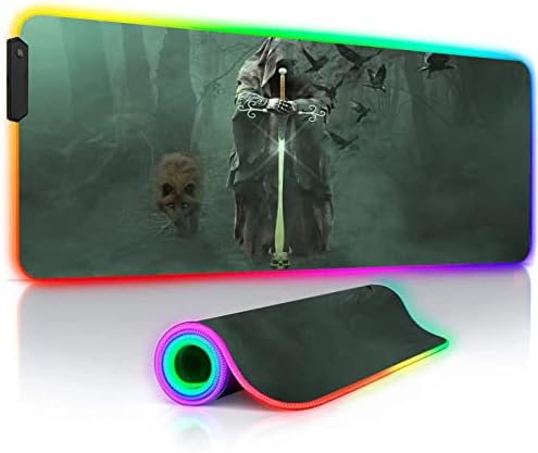 Mouse Pads Wolf Skull Warrior RGB Mousepad Gaming Large LED Mouse Pad Anti-Slip Natural Rubber Keyboard Desk Mat for Gamer Laptop 39.3 X19.6 Inch