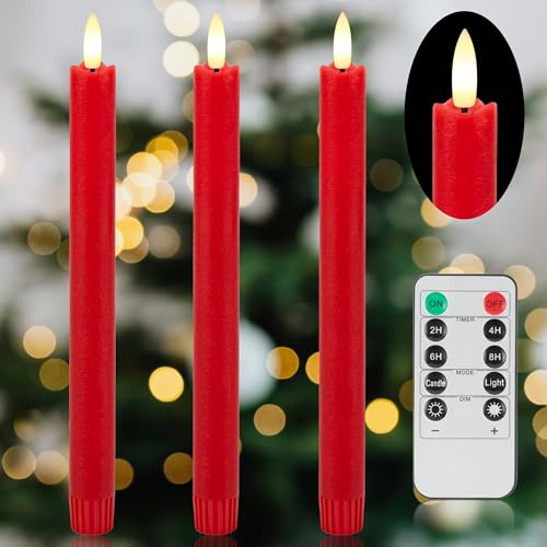 Image of Red Flameless Taper Candles with Rmote, 9.6 inch Real Wax Battery Operated Candles with 3D Wick, 3 Pack Christmas Led Candlesticks for Table, Home, Wedding, Party, Xmas Decor