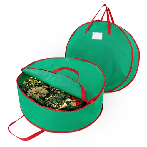 bruwaa 2 Pack Christmas Wreath Storage Container Bag 24", Card Slot Durable Handles and Double Zipper Storage Containers and to Protect Artificial Garland - Green