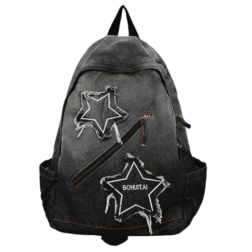 Y2K Star Rucksack, Grunge Goth Denim Büchertasche, Punk Emo-Rucksack für Damen und Herren, einzigartiger Gothic-Mode-Rucksack für den täglichen Gebrauch, Schwarz, 16.1x11.4x5.1inch