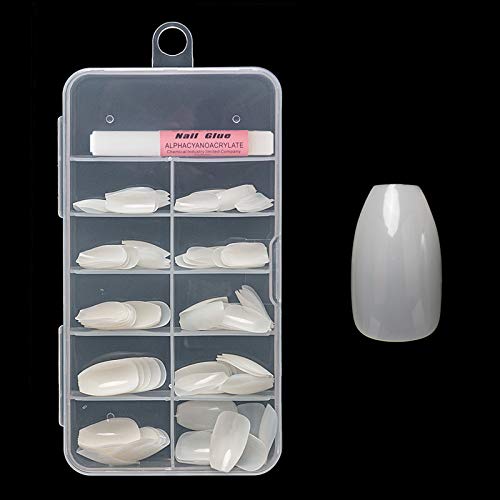 Buqikma Coffin Nails Natural Short Ballerina Fake Nails with Nail Glue Acrylic Nails Coffin Shaped Nail Tips Artificial Nail Tips with Case (Natural)