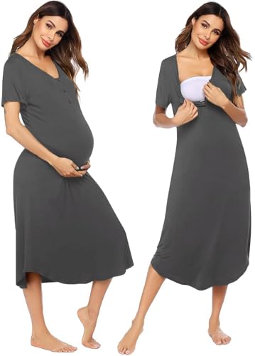 Ekouaer Womens Maternity Nightgown for Hospital Pregnancy Long Nightgowns Nursing Night Gown for Breastfeeding Dark Grey M