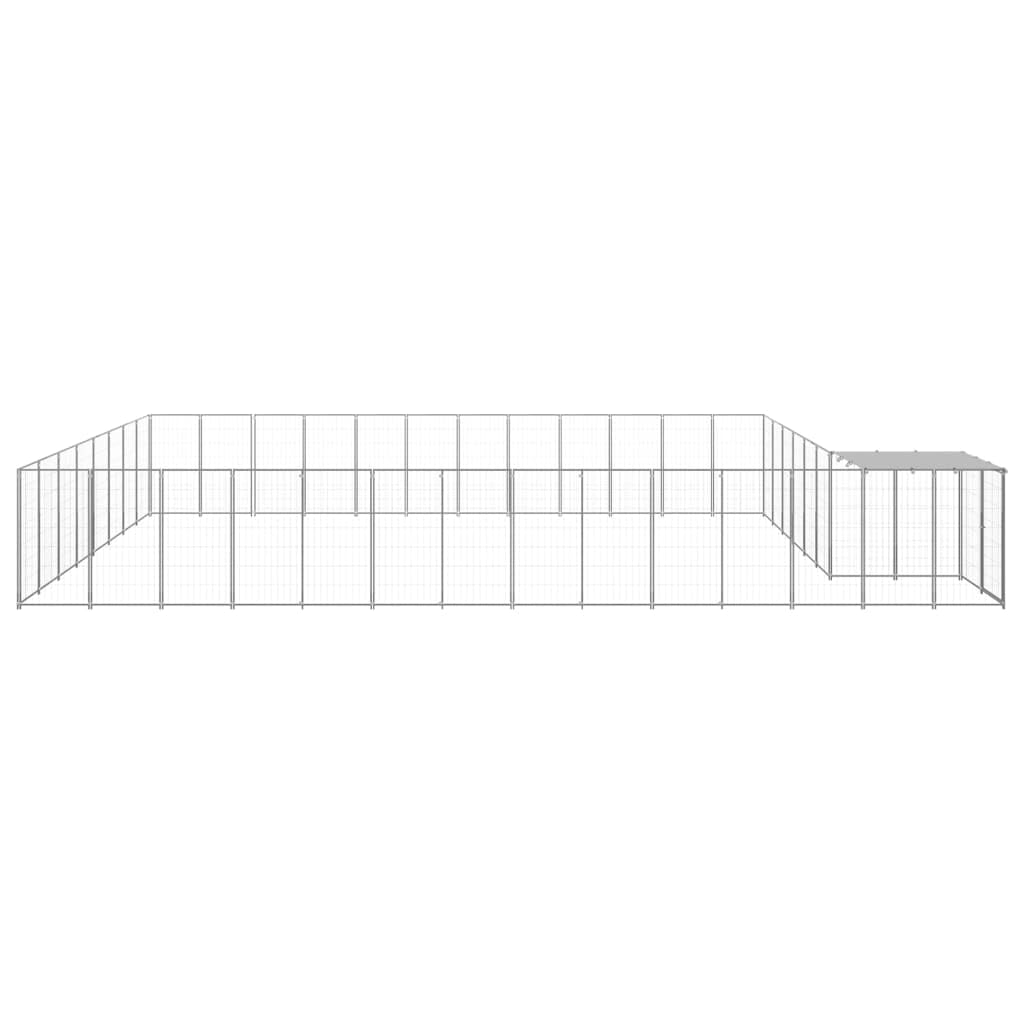 Perrera de perro plateada de acero con recubrimiento en polvo con superficie de 30,25 m², techo de polietileno resistente al agua, puerta con cerradura, caño grande, protección segura para cachorros y