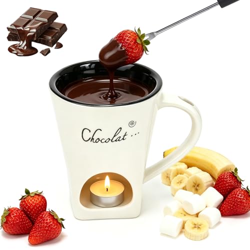 Chocolate Fondue Mug with Fork Sweet Ceramic Personal Chocolate Melting Cup Chocolate Fondue Mug Ideal Gifts for Birthday Date Night Birthday Wedding Gifts (white)