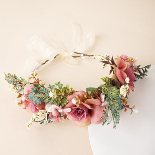Image of Radhu & Kabby Dusty Pink Floral Hair Tiara for Women | Artificial Roses & Greenery with Ribbon Tie | Elegant Crown for Weddings, Photoshoots, Garden Parties & Festive Looks | 1 Pc