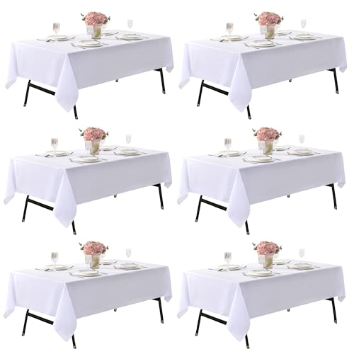 Image of 6-Pack 60x120 inch White Table Cloths, Solid Stain and Wrinkle Resistant Oblong Tablecloth, Premium Plain Weave Polyester Fabric Rectangle Table Linen Covers for Hotel, Wedding
