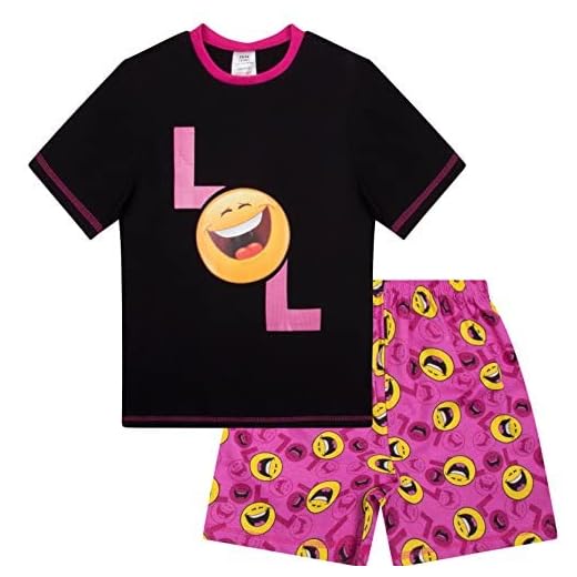 Pyjama court pour fille avec émoticône LOL Happy Face Laugh Out Loud 9 à 15 ans, Noir , 12 ans