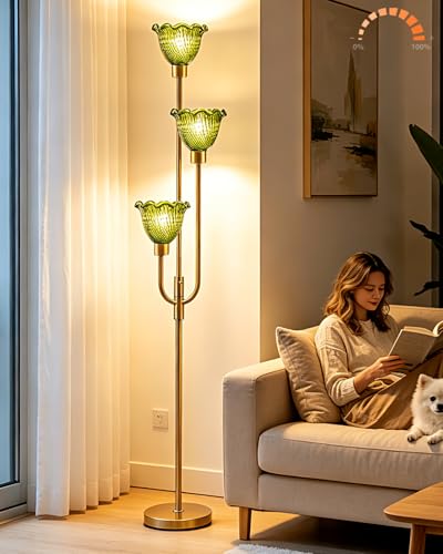 Image of Lightdot 3-Lights Glass Floor Lamp 66IN Modern Gold Dimmable Floor Lamps with 3000K Warm White Bulbs for Wedding Party Tall Standing Lamp with Green Glass Shade for Living Room /Bedroom /Home Decor