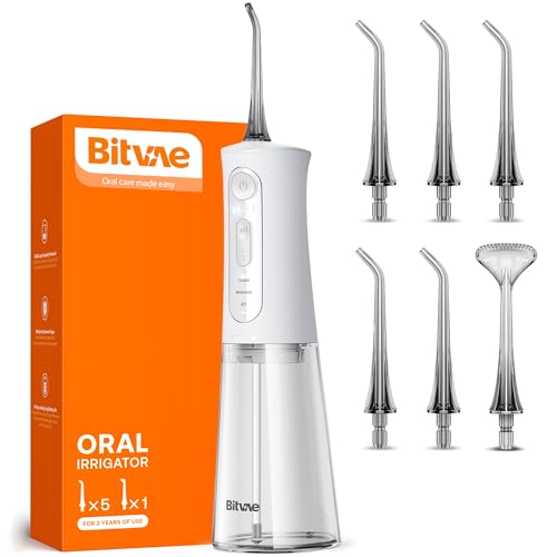Bitvae Water Dental Flosser for Teeth, Rechargeable Water Teeth Cleaner Picks, 3 Modes 5 Intensities, IPX7 Waterproof, Oral Irrigator USB Cordless Water Dental Picks for Cleaning - Frost White