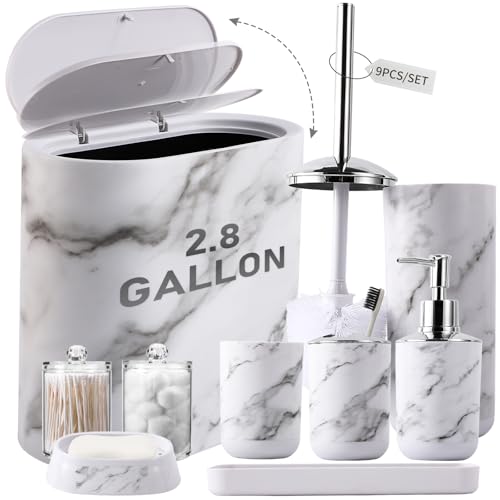 InnJoey Bathroom Accessories Set, 9-Piece Marble White Bathroom Set, White Bathroom Accessories with Slim Trash Can, Soap Dispenser, Toilet Brush, Toothbrush Set, Qtip Holders