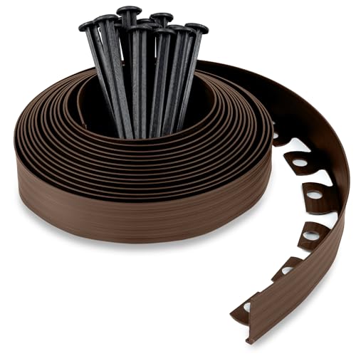 Bordo per Aiuole 10 m con 30 Chiodi di Fissaggio - Bordura per Aiuola Plastica - Bordo Giardino Flessibile - Altezza 5 cm - Facile da usare, Marrone