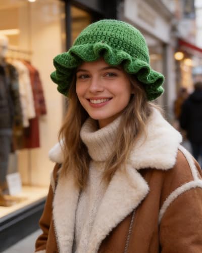 Image of Women Crochet Bucket Hat Cute Winter Ruffled Brim Floppy Cap Handmade Knit Cloche Hats