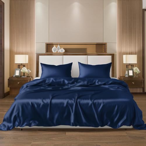 Ahmedani Linen Sexy Satin Sheet 6 Pcs Queen Bedding Set 1 Duvet Cover + 1 Fitted Sheet + 4 Pillow Cases Navy Queen