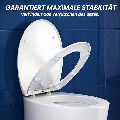 TOREOKO WC Sitz mit Absenkautomatik Rund Weiß – Toilettendeckel O-Form bis 200 kg – Klodeckel Softclose mit Befestigung – Inkl. 10 Einweg-Toilettenauflagen – Universalgröße Badezimmer