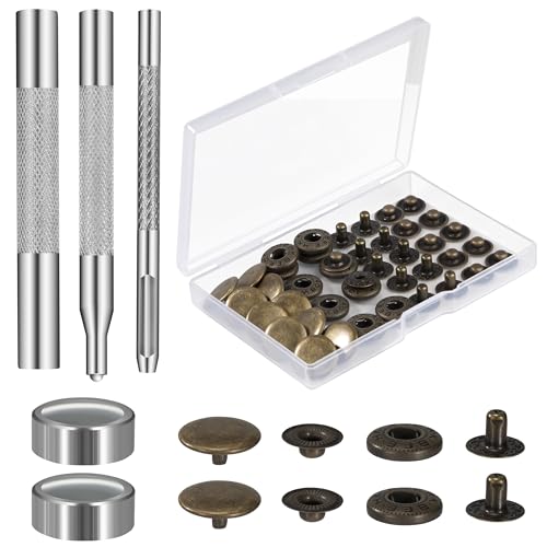 Botones de Presion 12 Set Corchetes de Presión Metálicos Botones Snaps de Presión con 4 Herramientas de Fijación para Reparar Ropa Chaquetas, Vaqueros, Correas y Trabajos de Costura 15mm (Bronce)