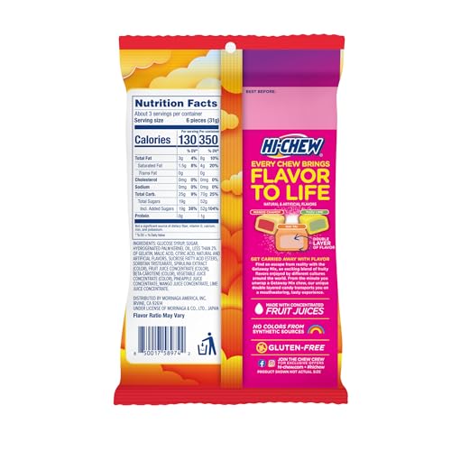 HI-CHEW Getaway Mix, Pack of 6 Bags, 3oz each - Mango Chamoy, Mai Tai, Yuzu Lime - Unique Fun Soft & Chewy Taffy Candy - Immensely Juicy Fruit Flavors - Individually Wrapped for Sharing