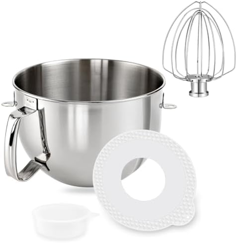 6 QT Stainless Steel Mixer Bow & K256WW Whisk for Kitchen aid 5.5-6 Quart Bowl-Lift Stand Mixer Replacement, 6 Wire Whip and Mixing Bowl with Cover for KitchenAid Mixers Attachments - Thumbnail 2